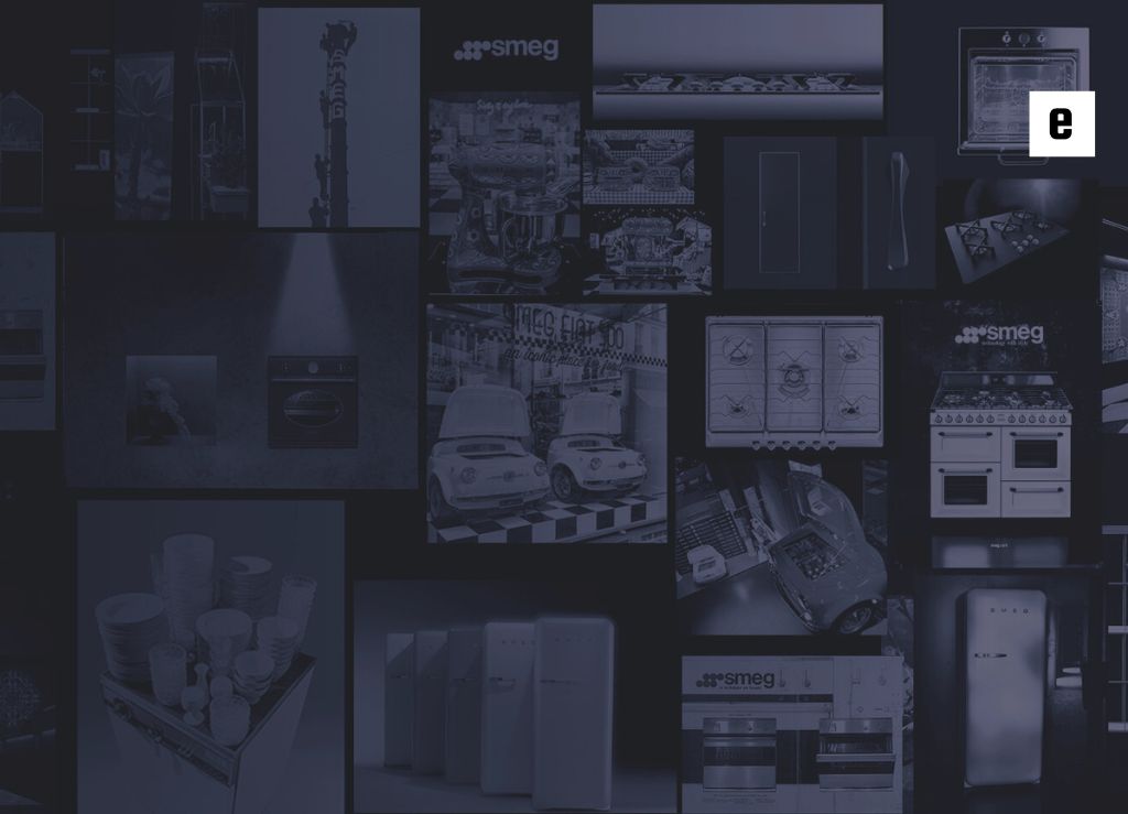 بنر ترکیبی از خاطرات تاریخی و محصولات نمادین برند اسمگ، شامل یخچال‌های کلاسیک، اجاق‌ها و لوازم خانگی با طراحی‌های نوآورانه.

