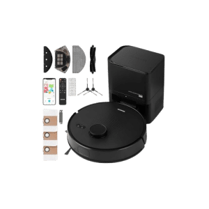 جاروبرقی رباتیک Sencor SRV 9085BK مشکی و تمامی اقلام همراه آن، شامل ایستگاه تخلیه، برس‌ها، پدها، کنترل و فیلترها.