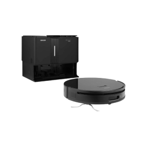 جاروبرقی رباتیک Sencor SRV 9790BK مشکی در کنار ایستگاه خودکار چندکاره.