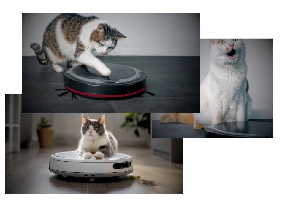جاروبرقی رباتیک در حال تمیز کردن کف خانه کنار یک گربه بازیگوش از مقاله (تجهیزات الکترونیکی هوشمند)