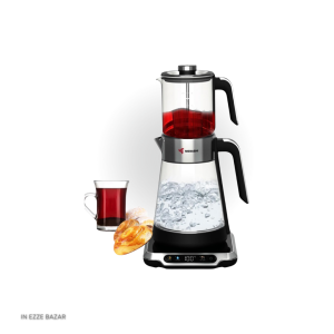 کنتراست رنگ چای دم‌کرده در قوری شیشه‌ای با پایه مشکی چای ساز مباشی ME-TM305.