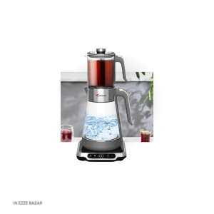 کلوزآپ از قوری شیشه‌ای ۰.۸ لیتری روی پایه گرم‌کننده چای ساز مباشی مدل ME-TM305.