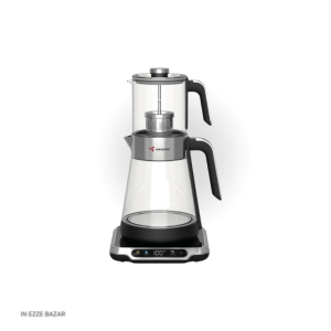 نمای کامل چای ساز مباشی ME-TM305 با بدنه کاملاً مشکی و طراحی کلاسیک.